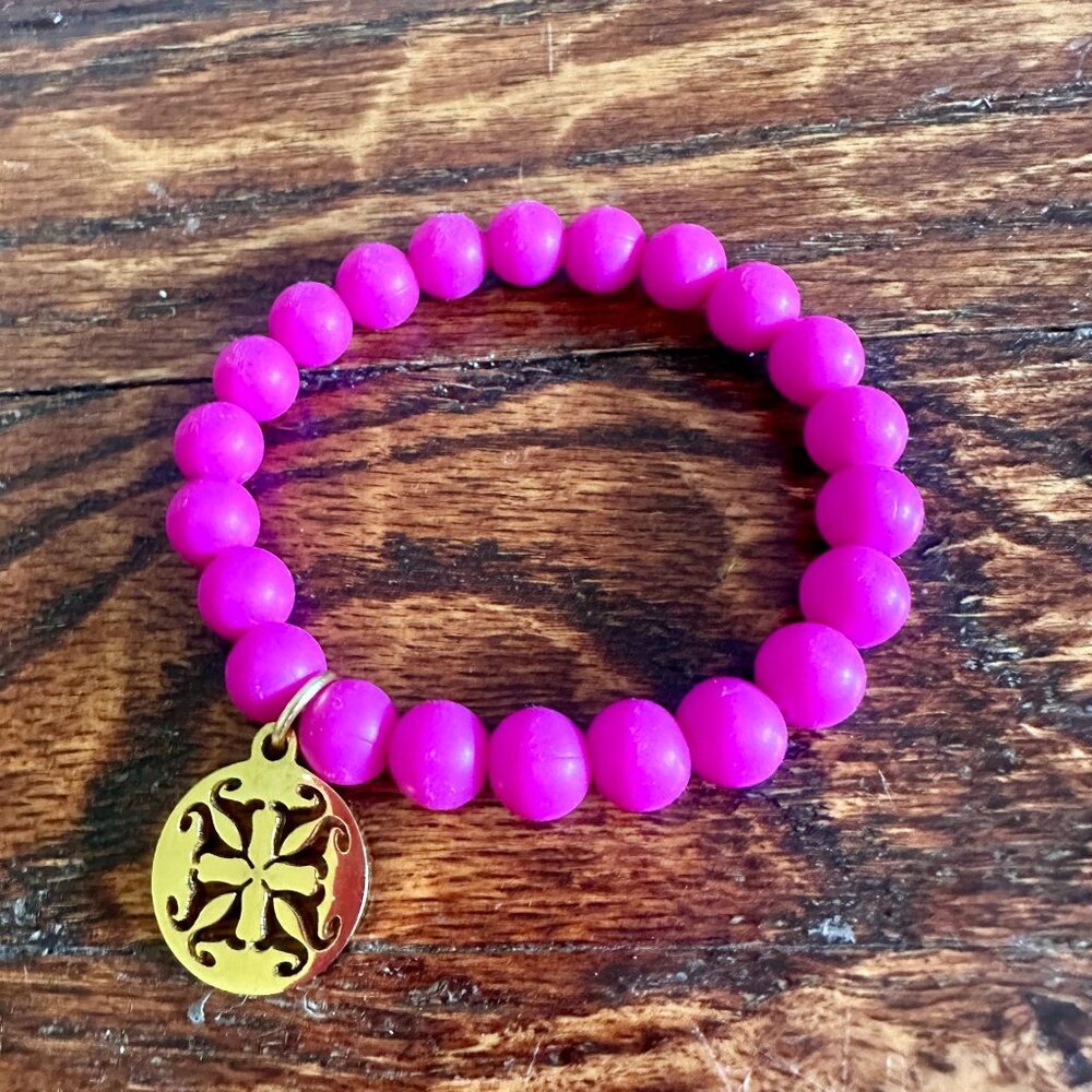 EUC Rustic Cuff CATHERINE Fuchsia Neon Pink Silicone Beads Gold Logo Charm